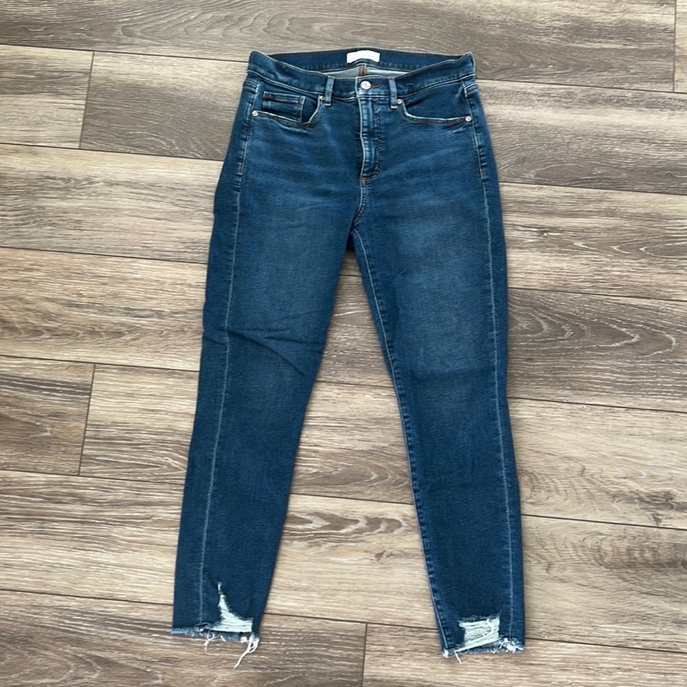 Loft Chewed Hem Mid Rise Skinny Jeans in Original Mid Indigo Wash